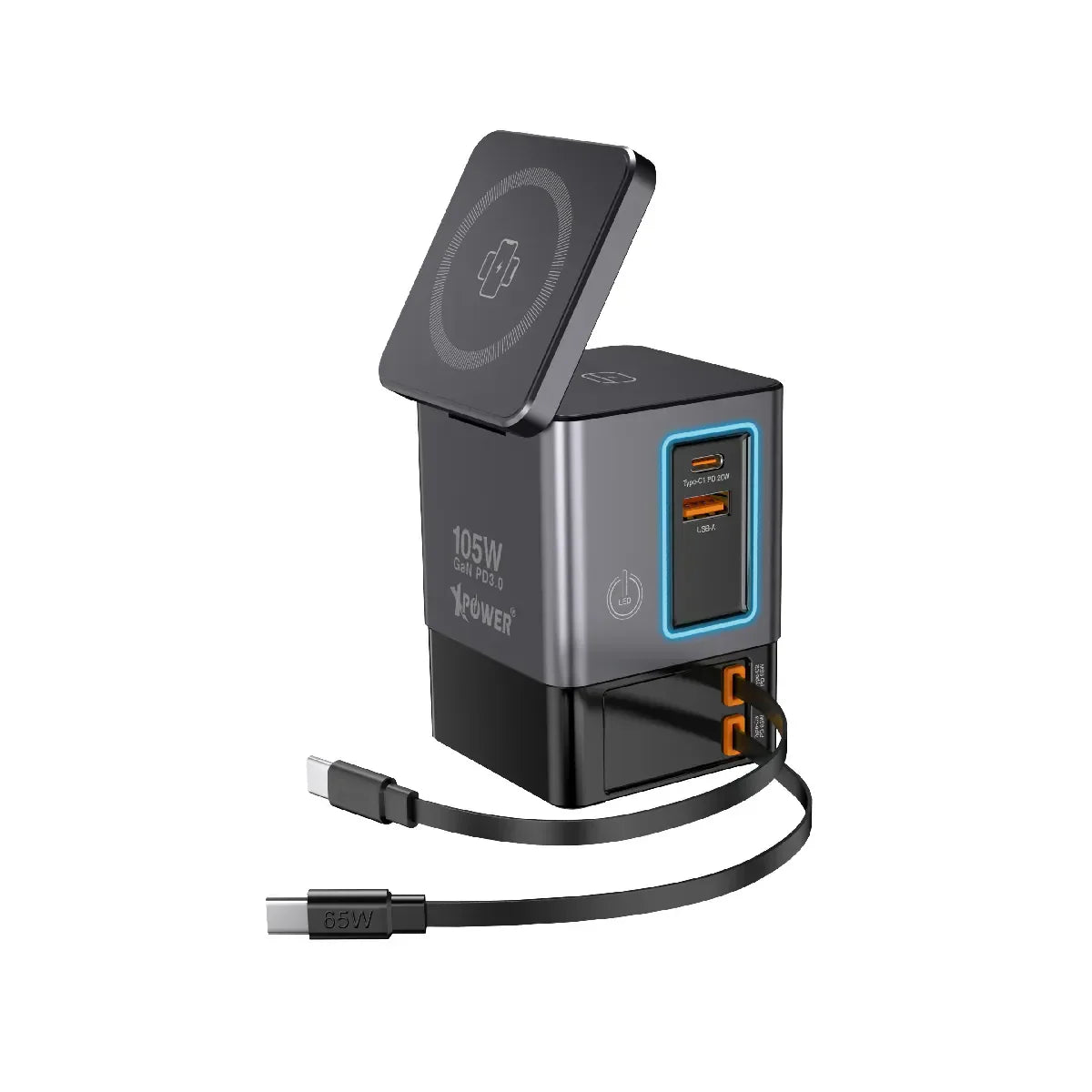 Xpower 105W Gan Magsafe Dual Cable Charging Tower - Grey - Tashqila Xpower 105W Gan Magsafe Dual Cable Charging Tower - Grey - Tashqila